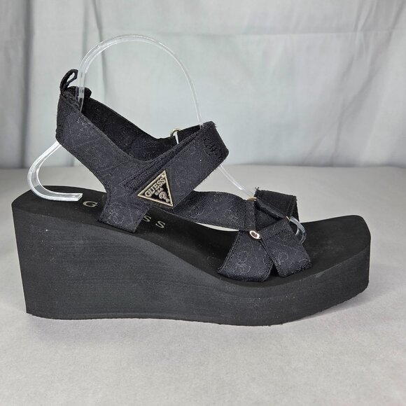 Guess Women's Daysa Quattro-G Strappy Eva Wedge Sandals Black Logo - Picture 2 of 7